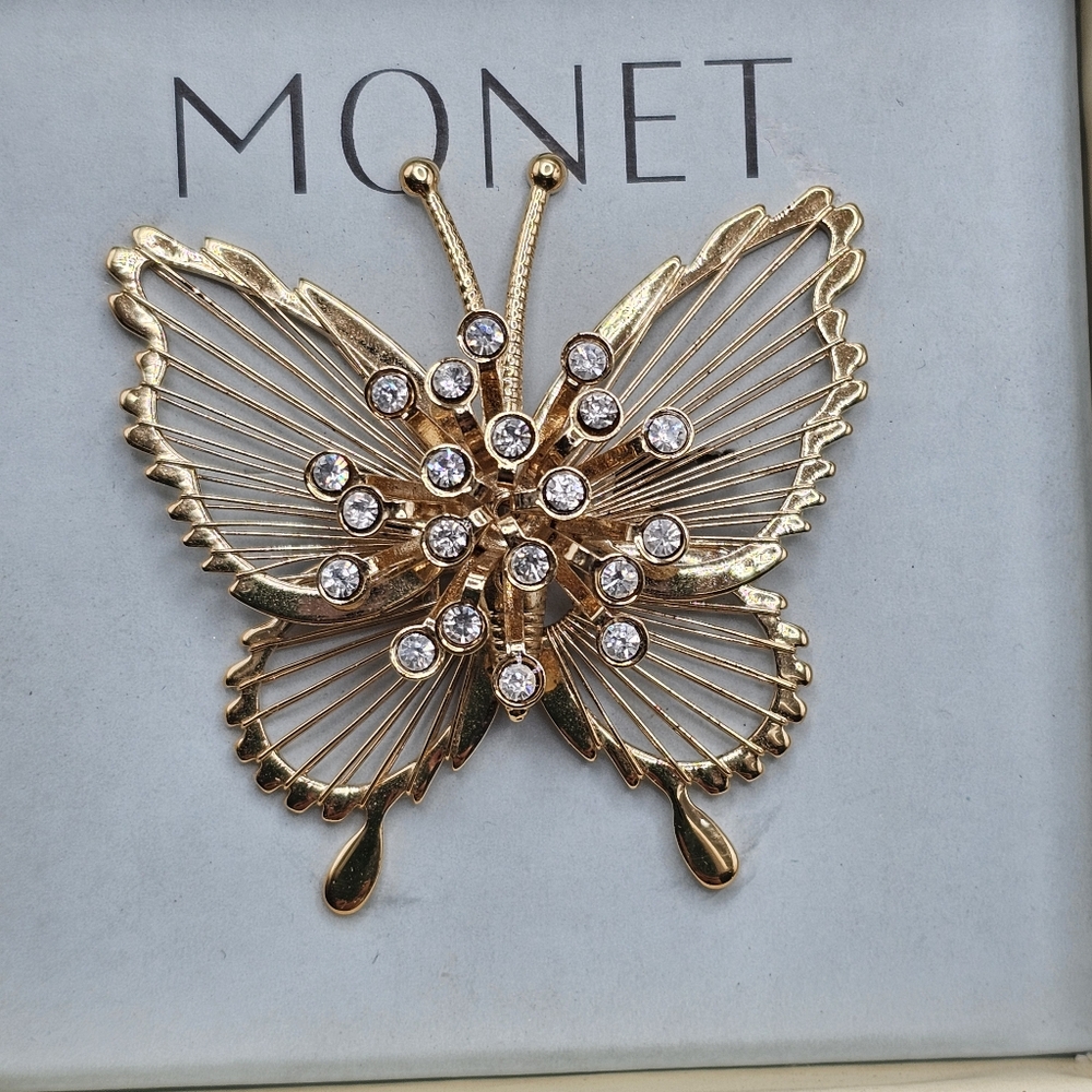 Vintage NIB Monet Gold & Crystal Butterfly Brooch